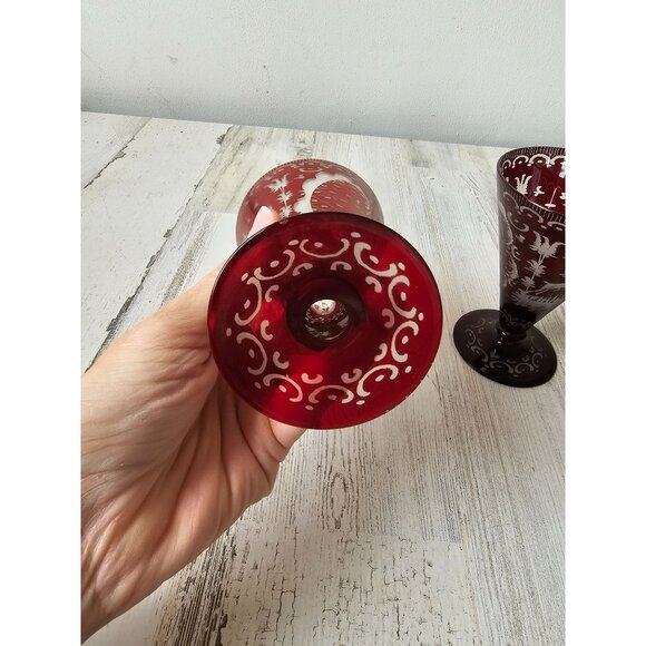 Egermann red Bohemian cut glass goblet champagne deer building cranberry vintage - Picture 6 of 6